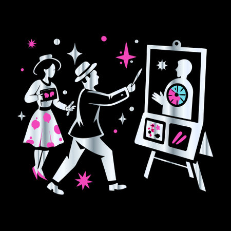 Illustration of a girl and a boy playing slot machine on a black backgroundのイラスト素材