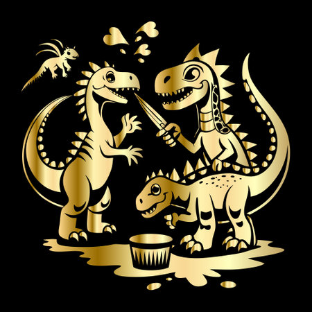 Illustration of a dinosaur with a brush and a bucket on a black backgroundのイラスト素材