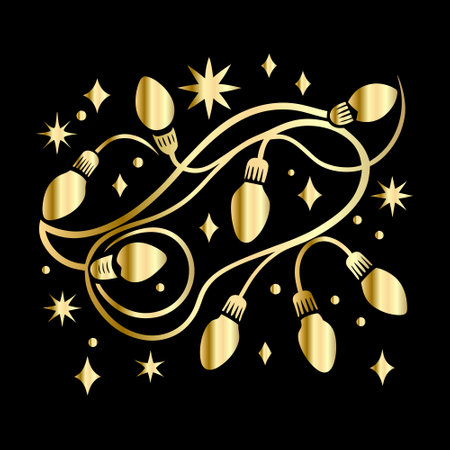 golden christmas balls and stars on black background, vector illustrationのイラスト素材