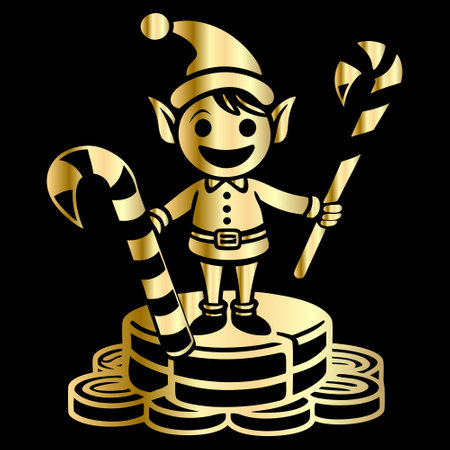 Illustration of a Santa Claus holding a candy cane on a pile of coinsのイラスト素材