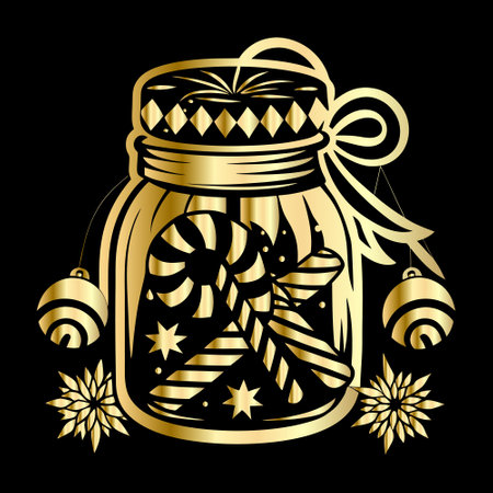 Mason jar with christmas decoration on black background. Vector illustration.のイラスト素材