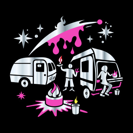 Vector illustration of a caravan with a fire on a black background.のイラスト素材