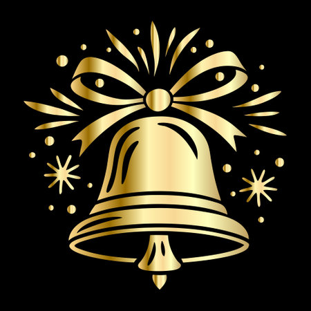 Golden Christmas bell with ribbon and bow on black background. Vector illustration.のイラスト素材