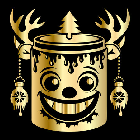 Vector illustration of a happy horned drum with Christmas tree on a black backgroundのイラスト素材