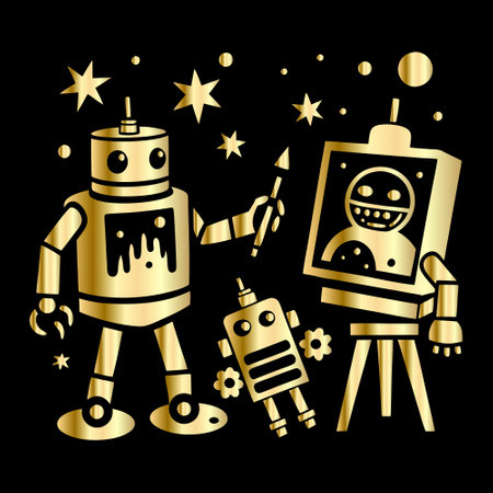 Vector illustration of a retro robot and stars on black background. Eps 10のイラスト素材