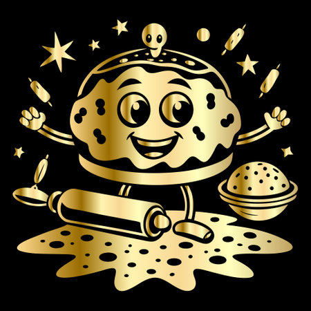 Illustration of a cartoon cookie with a rolling pin on a black backgroundのイラスト素材