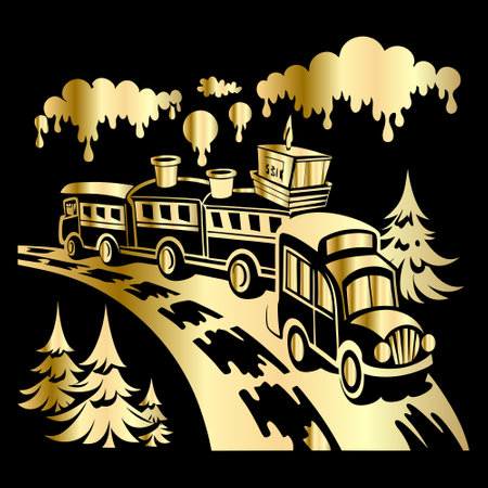 Vector illustration of vintage bus on the road with trees in the backgroundのイラスト素材