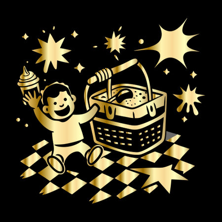 Happy little boy with a basket of sweets and ice cream. Vector illustration.のイラスト素材