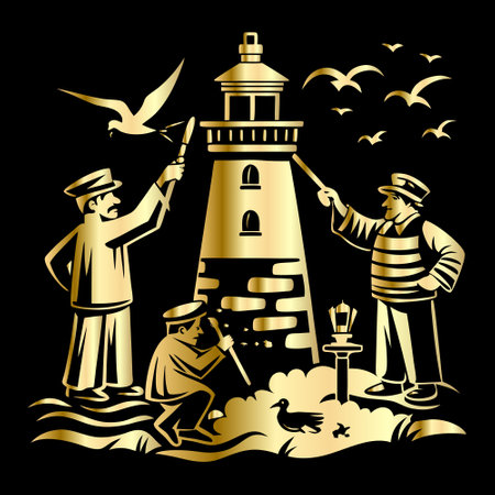 Vector illustration of a lighthouse with fishermen and seagulls.のイラスト素材