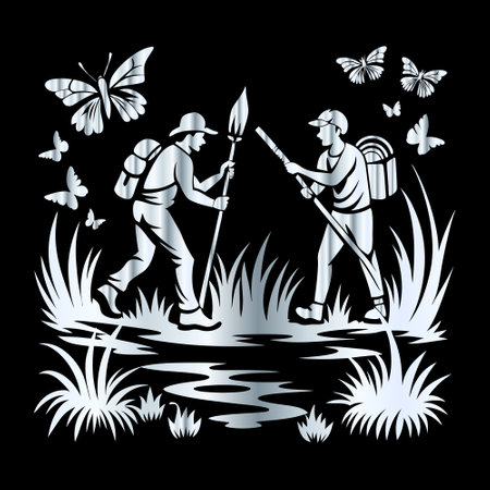 Two men on the background of nature with butterflies. Vector illustration.のイラスト素材