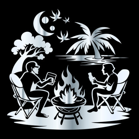 Picnic on the beach. Silhouette of a man reading a book by the fireのイラスト素材