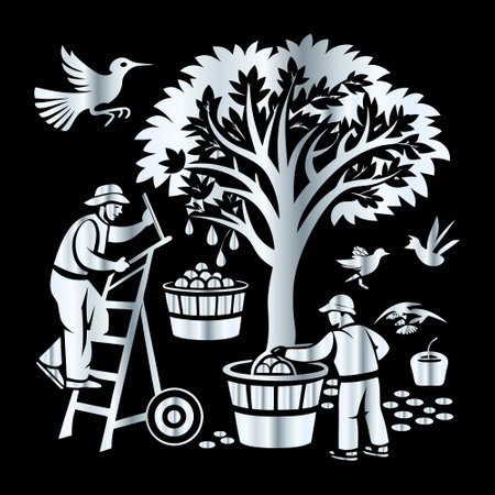 Vector illustration of a farmer working in the orchard. Black background.のイラスト素材