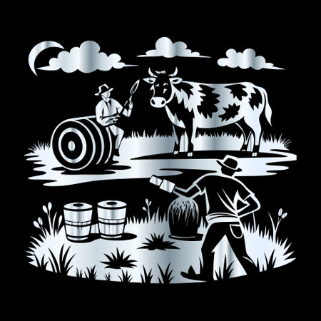 cow and farmer in the field on a black background, vector illustrationのイラスト素材