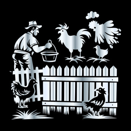 Vector image of a farmer with a rooster on a fence.のイラスト素材