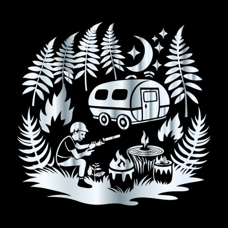 Camping with a camper van in the forest. Vector illustrationのイラスト素材