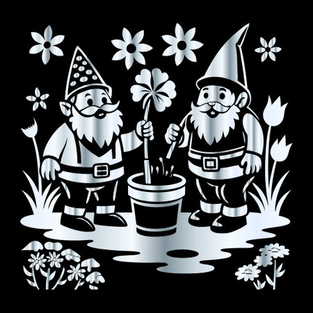 Illustration of a gnome with flowers in a pot on a black backgroundのイラスト素材