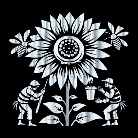 Illustration of a beekeeper and a sunflower on a black backgroundのイラスト素材