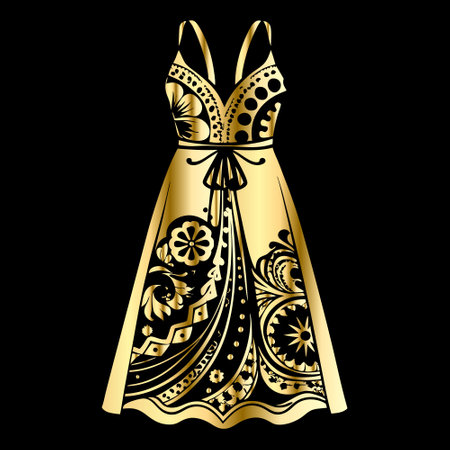 Beautiful wedding dress with ornament on black background. Vector illustration.のイラスト素材