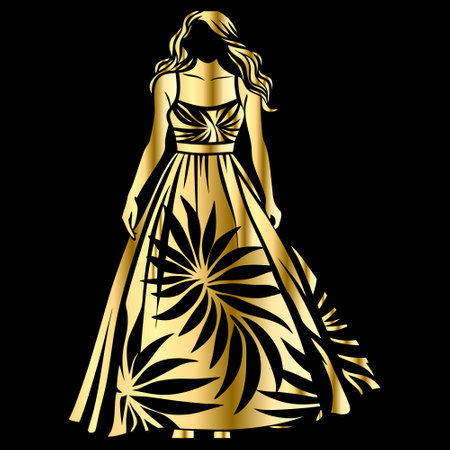 Beautiful woman in a gold dress with a pattern on a black backgroundのイラスト素材