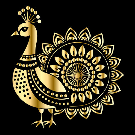 Peacock. Vector illustration in gold on a black background.のイラスト素材