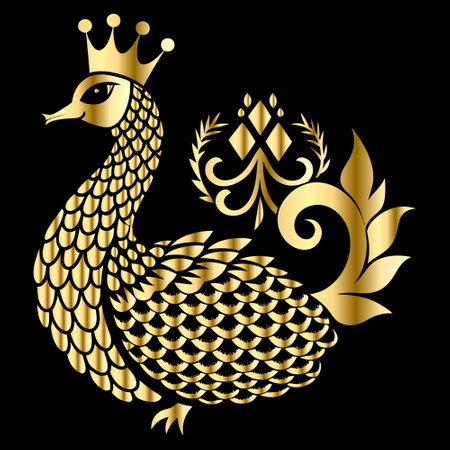 Illustration of a peacock in a gold crown on a black backgroundのイラスト素材