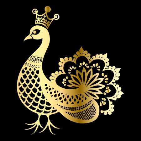 Peacock with gold crown on black background. Vector illustration.のイラスト素材