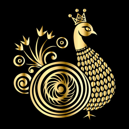 Vector illustration of a gold peacock with a crown on a black background.のイラスト素材
