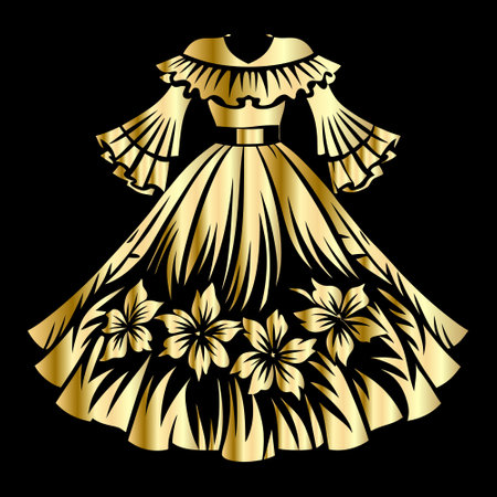 Beautiful gold dress with flowers on black background. Vector illustration.のイラスト素材