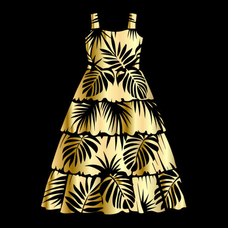 Vector illustration of a beautiful dress with tropical leaves on a black backgroundのイラスト素材