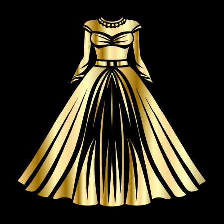 Vector illustration of a beautiful gold dress on a black background. Design element for logo, label, emblem, sign.のイラスト素材
