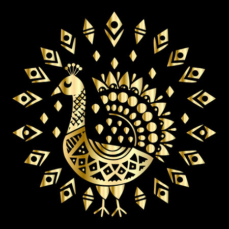 Peacock. Vector illustration of a gold peacock on a black background.のイラスト素材