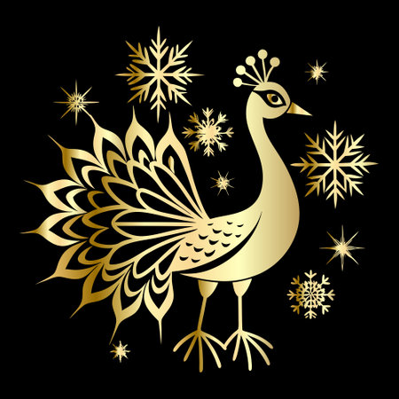 Peacock and snowflakes on black background, vector illustrationのイラスト素材
