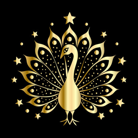 Peacock with gold pattern on black background. Vector illustration.のイラスト素材
