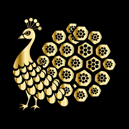 Peacock and honeycombs on a black background. Vector illustration.のイラスト素材