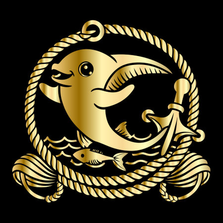 Vintage nautical emblem with fish and anchor. Vector illustration.のイラスト素材