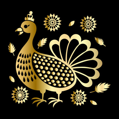 Thanksgiving turkey with golden ornament on black background. Vector illustration.のイラスト素材