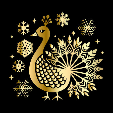 Illustration of gold peacock with snowflakes on black backgroundのイラスト素材