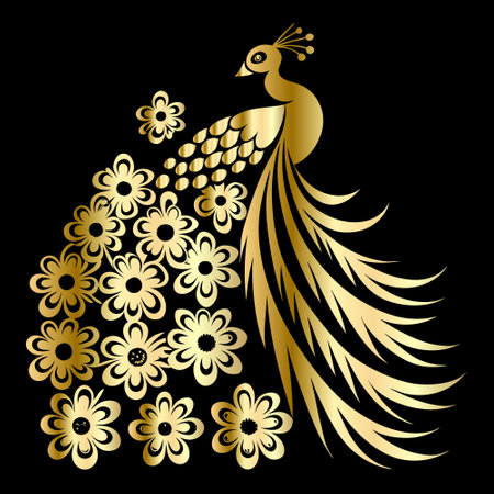 Peacock and gold ornament on black background. Vector illustration.のイラスト素材