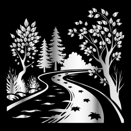 Black and white vector illustration of a country road with trees and bushesのイラスト素材