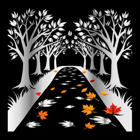 Autumn landscape with trees, road and leaves. Vector illustration.のイラスト素材