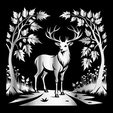 Deer in the forest. Vector illustration. Black and white.のイラスト素材