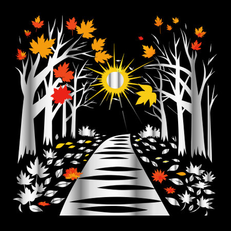 Autumn landscape with trees, road and sun. Vector illustration.のイラスト素材