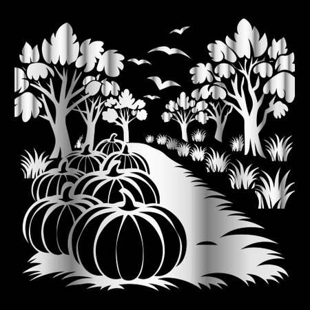 Illustration of a black and white Halloween background with pumpkins.のイラスト素材