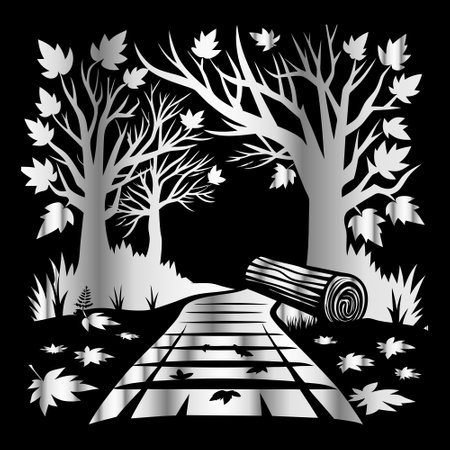 Wooden bridge in the autumn forest. Black and white vector illustration.のイラスト素材