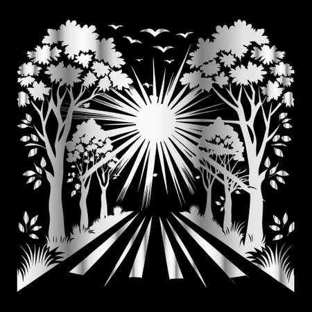 Black and white abstract background with trees and birds. Vector illustration.のイラスト素材