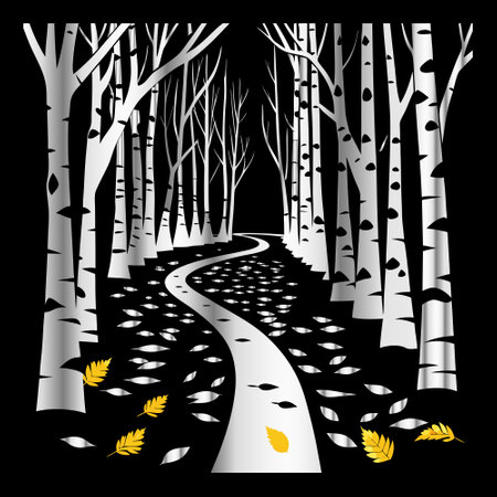 Autumn forest with road and falling leaves. Black and white vector illustrationのイラスト素材