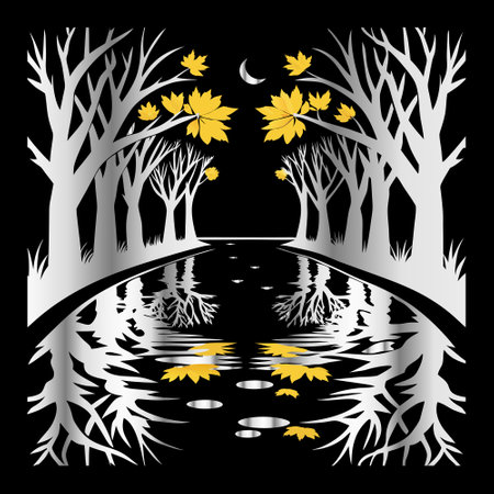 autumn landscape with trees, lake and moon. vector illustration.のイラスト素材