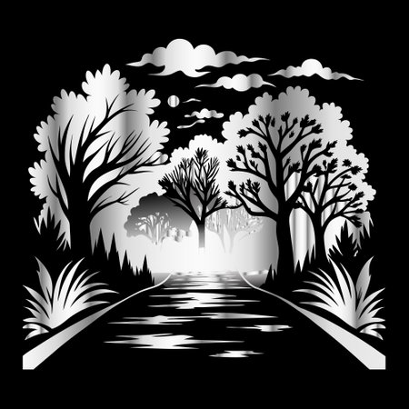 Landscape with trees and clouds. Black and white vector illustration.のイラスト素材
