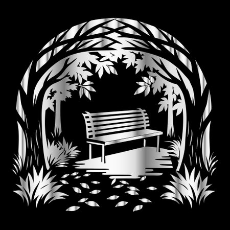 Wooden bench in the park with trees and plants. Vector illustration.のイラスト素材