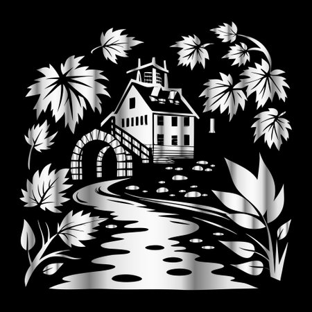 Illustration of a house on a black background with leaves and plantsのイラスト素材